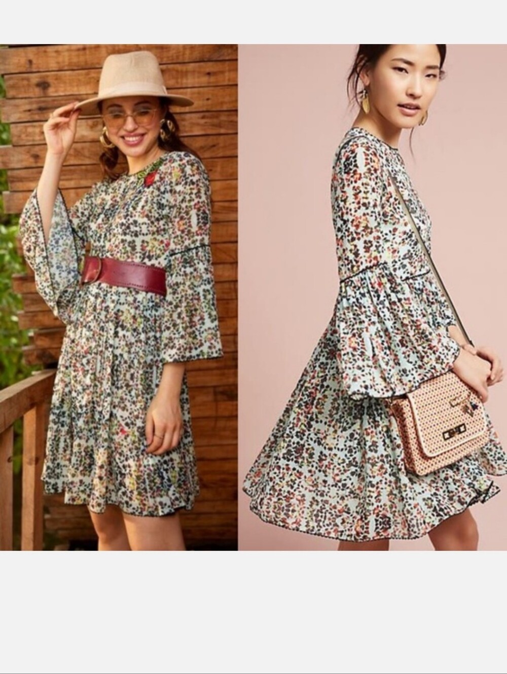 Anthropolpgie Bhanuni Libra Embroidered Floral Bell-Sleeve Mini Dress Size 6